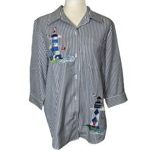 Women Nautical Striped Button Front Shirt Lighthouse Embroidered 3/4 Sleeves Med